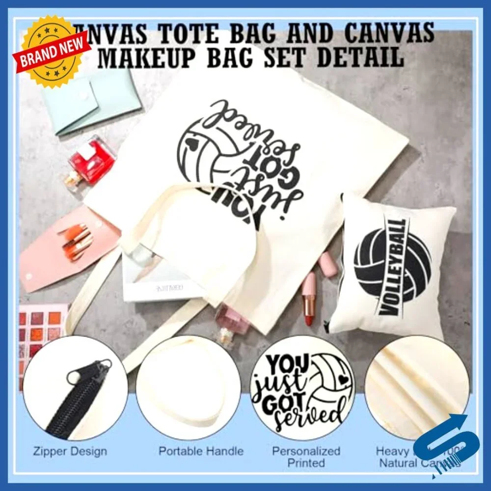 Volleyball Themed Canvas Tote and Cosmetic Bags Set Sports Team Gift Travel